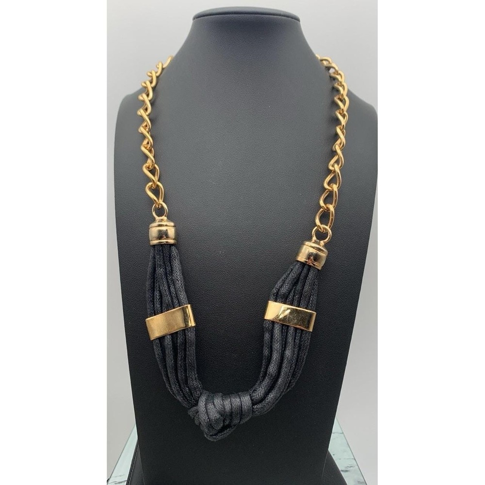Vintage Viviane Guenoun Chunky Gold Tone & Knotted Black Cord Statement Necklace